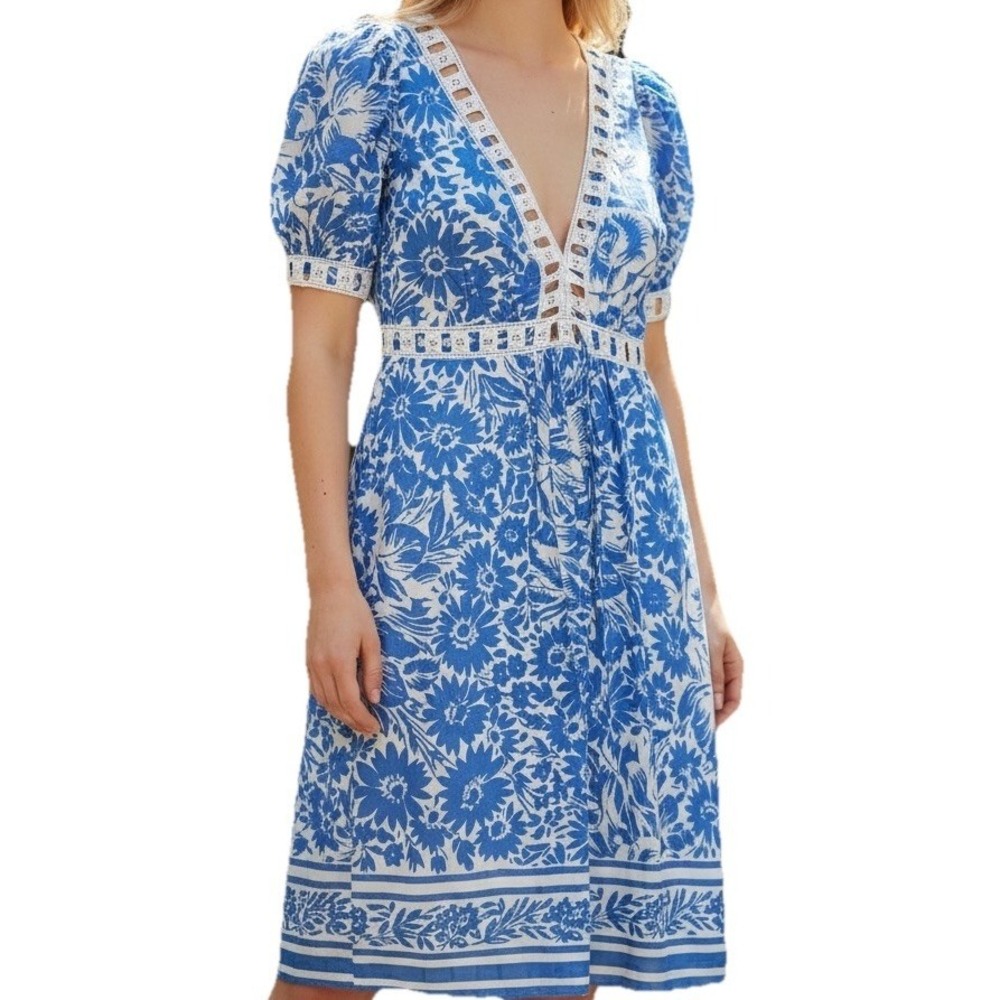 Blue Silk Floral Dress Womens Size 6 Empire waist Lined Garden Party Ribbon